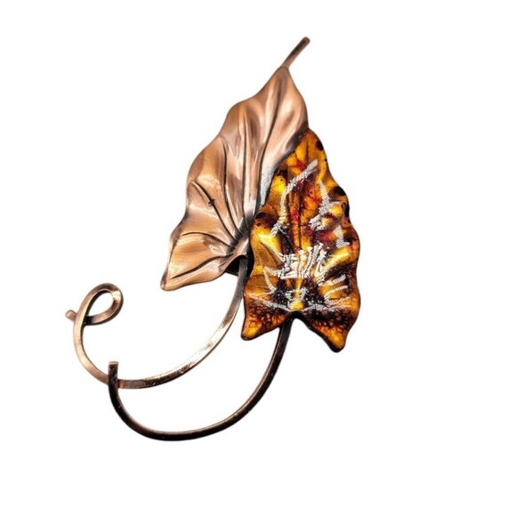 Matisse Renoir Brooch Large Vintage Signed Copper & Enamel Double Leaf Pin - Picture 6 of 10